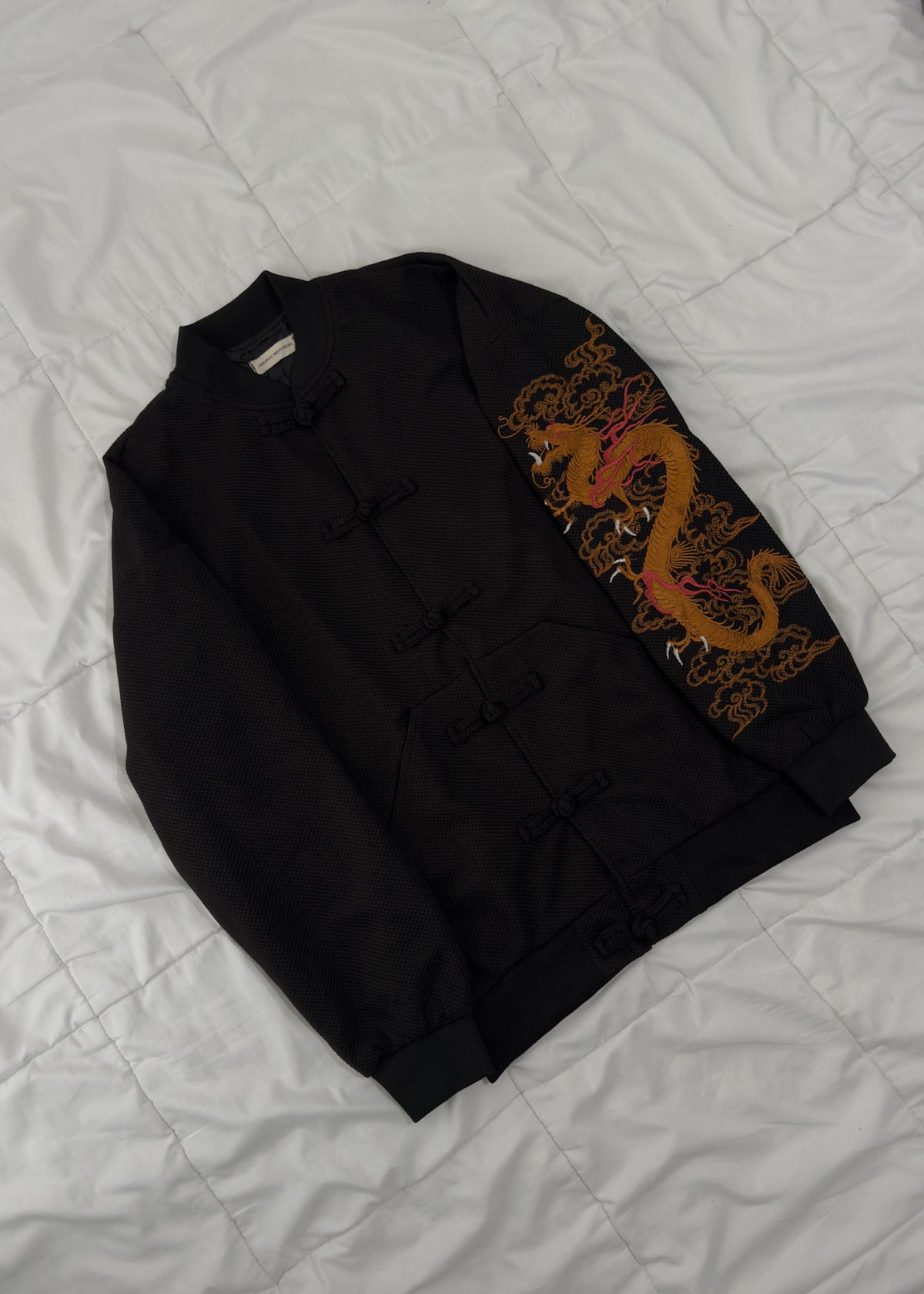 Black Chinese-Style Bomber Jacket — Dragon Embroidery
