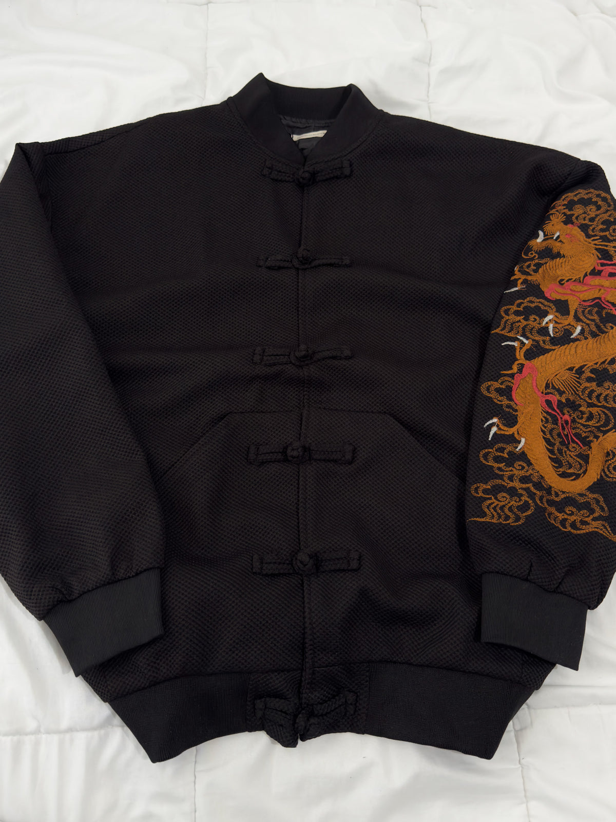 Black Chinese-Style Bomber Jacket — Dragon Embroidery
